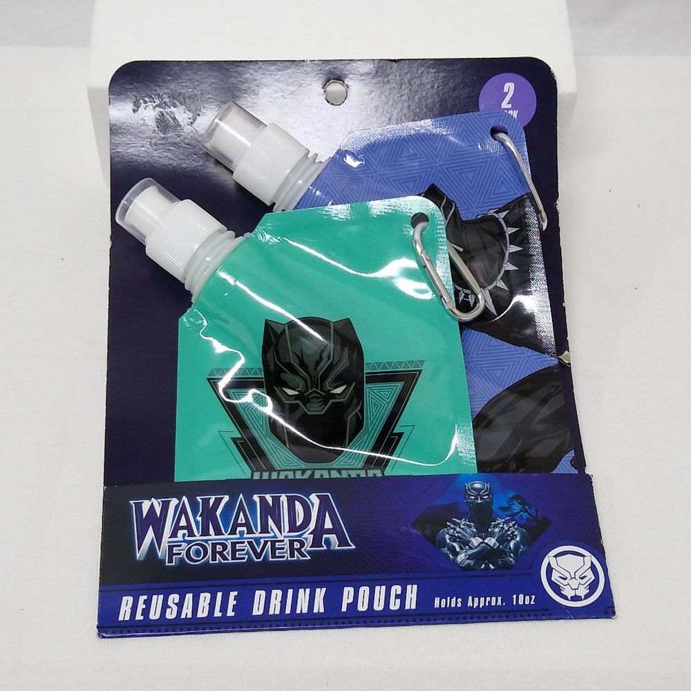 Wakanda Forever & Black Panther Reusable Drink Pouches Each Holds 10oz - NWT